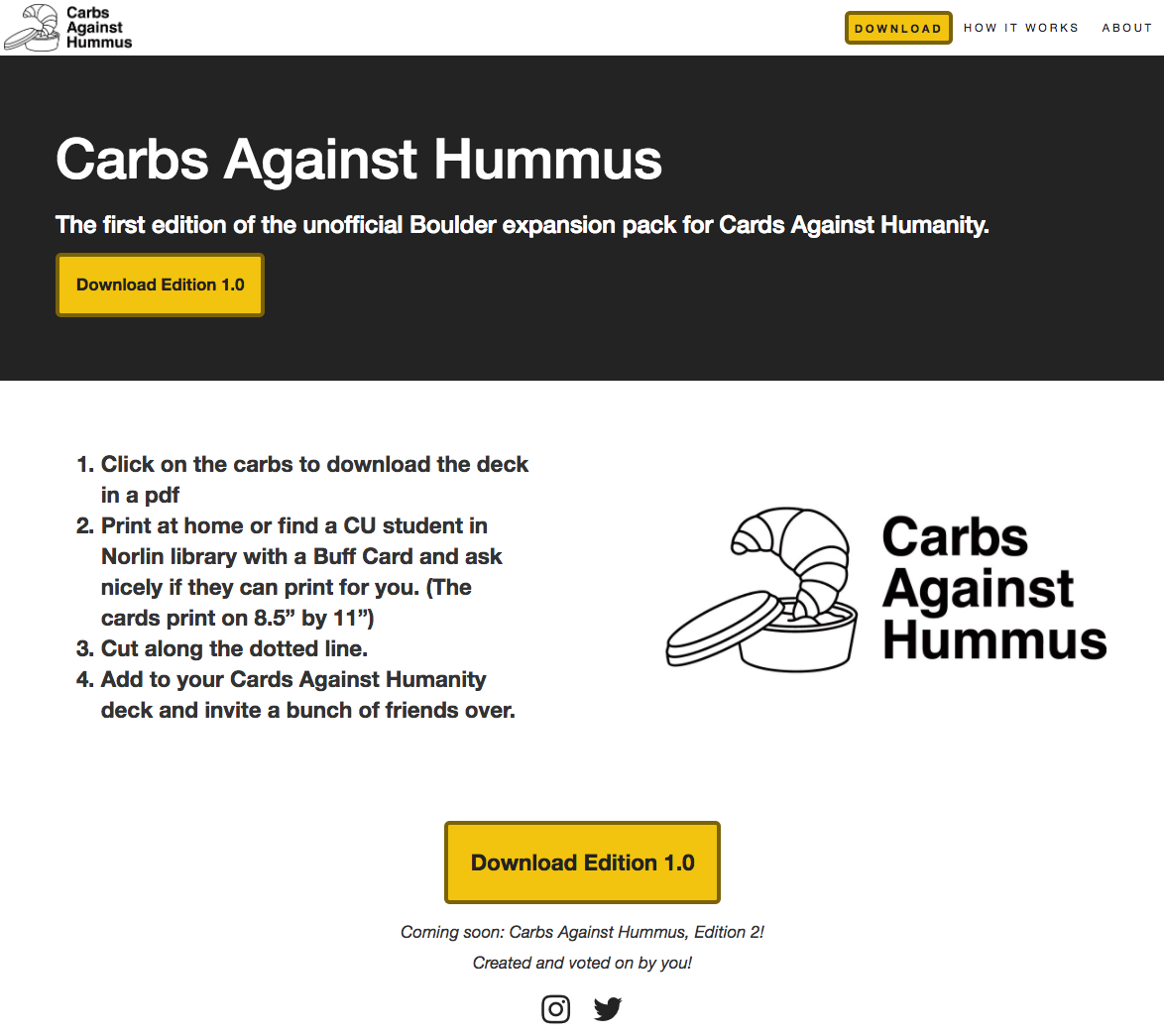 Screenshot of the main page of Carbs Against Hummus